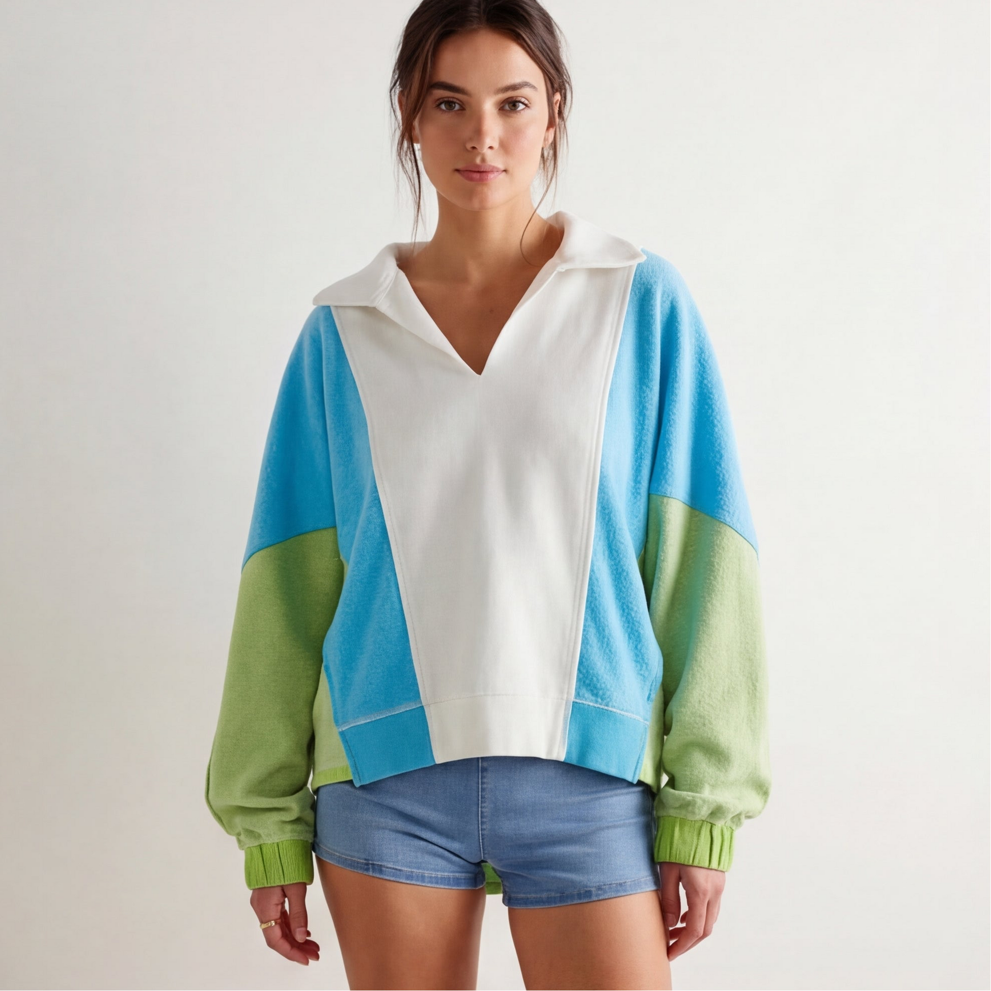 High-Low Exposed Seam Contrast Long Sleeve Sweatshirt