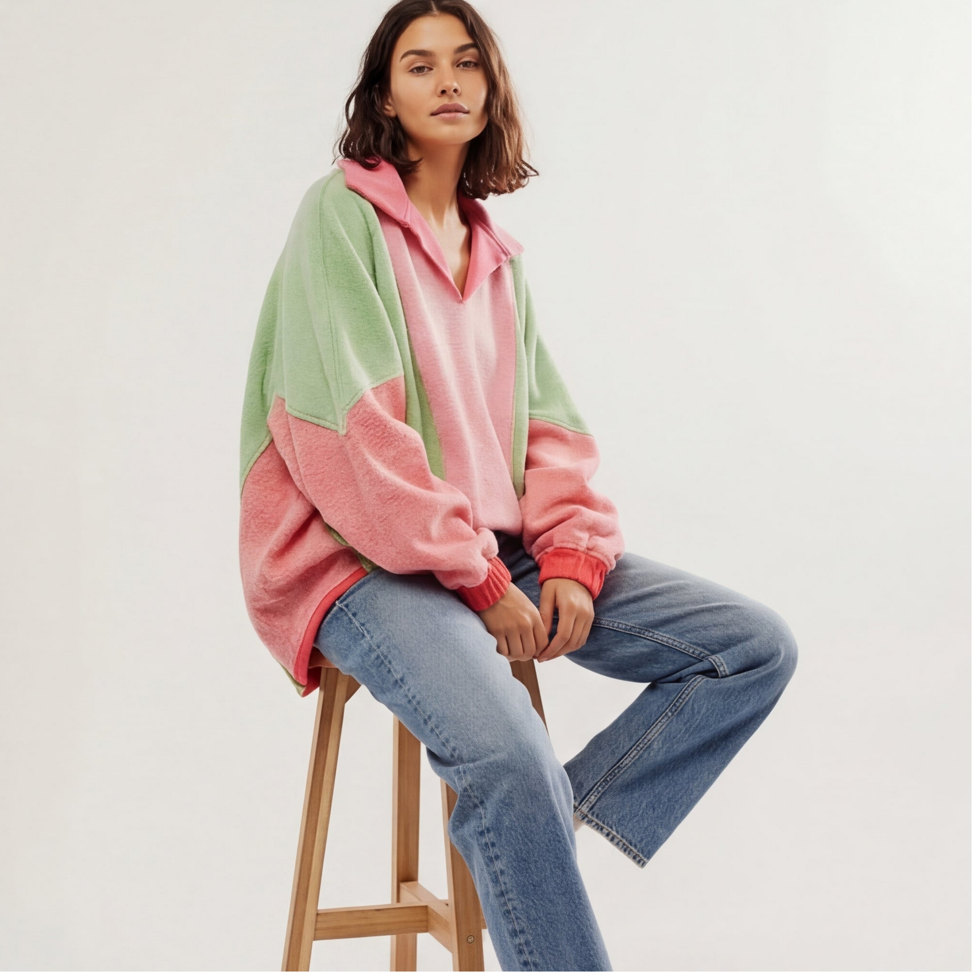 High-Low Exposed Seam Contrast Long Sleeve Sweatshirt
