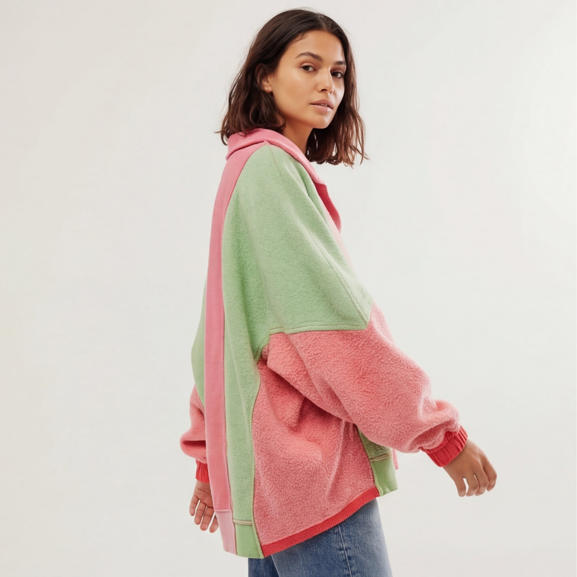 High-Low Exposed Seam Contrast Long Sleeve Sweatshirt